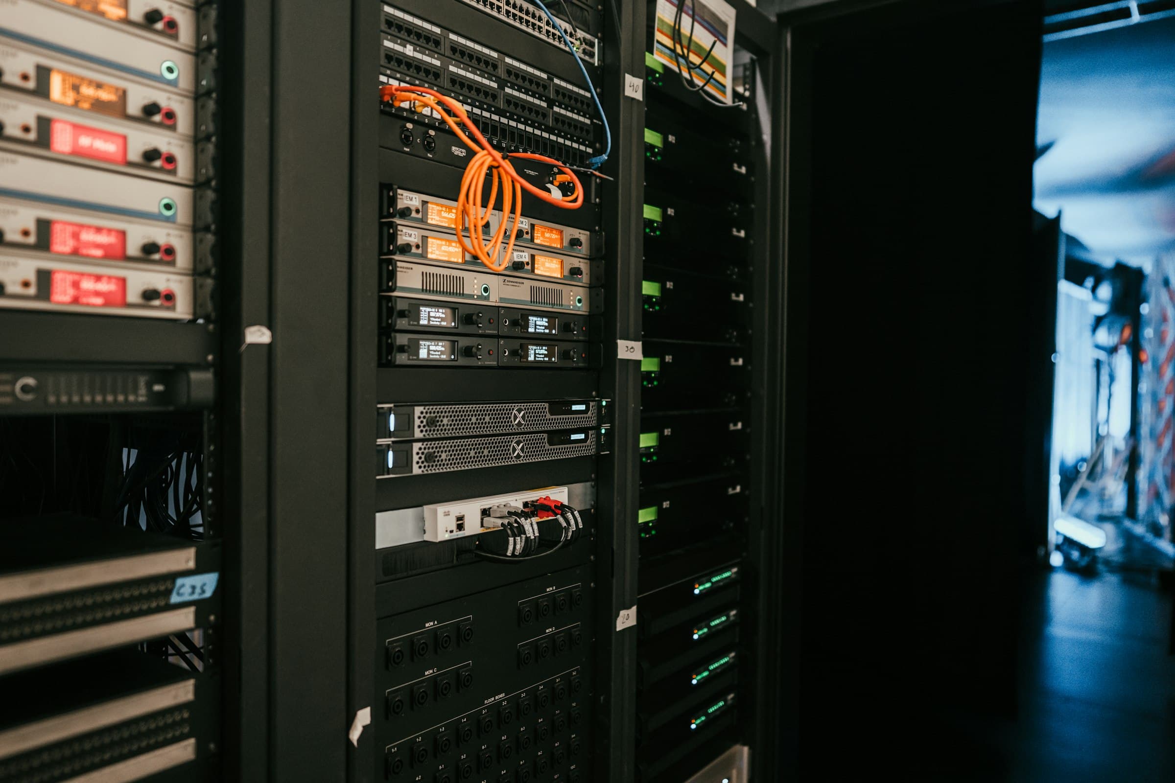 Server and networking equipment rack with cabling